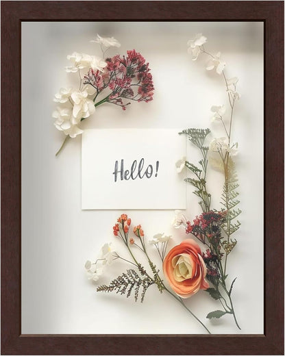 FrameWorks 11” x 14” Dark Oak Wooden Shadow Box Frame – Display Case with Soft Felt Back, Memory Box with Tempered Glass, Display Box with Elegant White Ball Push Pins, Wooden Flower Box