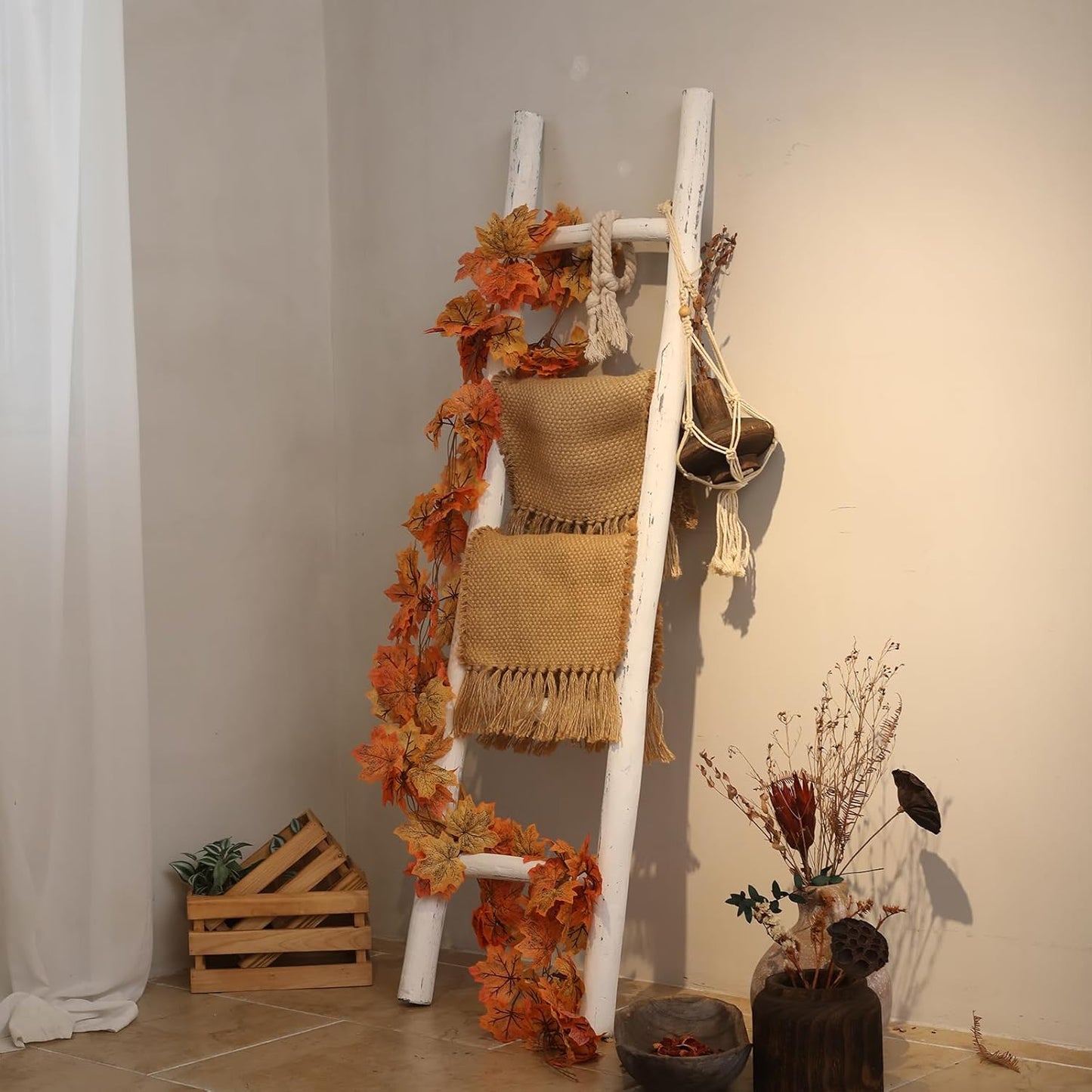 FUIN 57in Wood Blanket Ladder Living Room Decorative Wall Leaning Farmhouse Quilt Display Holder Rustic Wooden Towel Rack for Bathroom, Brown