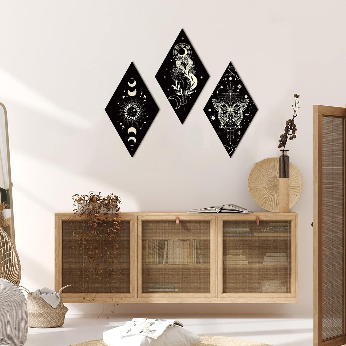 Sintuff 6 Pieces Gothic Wall Decor Boho Sun Moon Phases Wall Art Gothic Minimalist Stars Sun Hanging Wooden Home Decor Farmhouse Pediments for Gallery Living Bedroom Room(Mushroom)