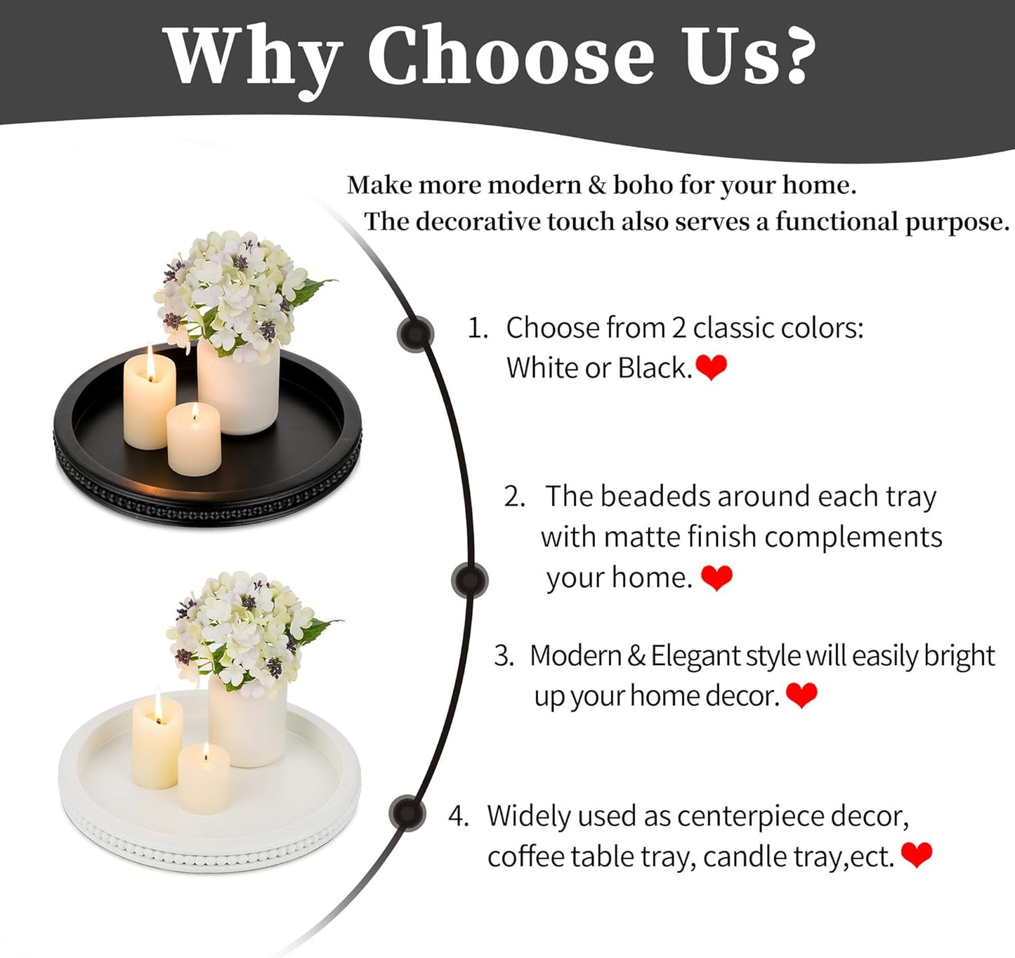Hanobe Round Wooden Decorative Tray: White Washed Bead Tray Decor for Coffee Table Centerpiece Rustic Farmhouse Tray for Kitchen Counter Living Room Decoration