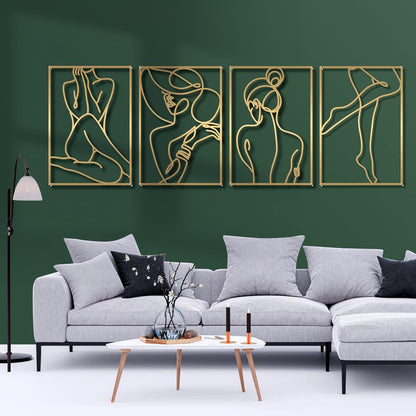 Glamativity 4 Pack Gold Wall Art Decor, Minimalist Single Line Real Metal Wall Art, Woman's Body Shape Abstract Wall Art (Gold Classic Style, 17 x 11.8'')