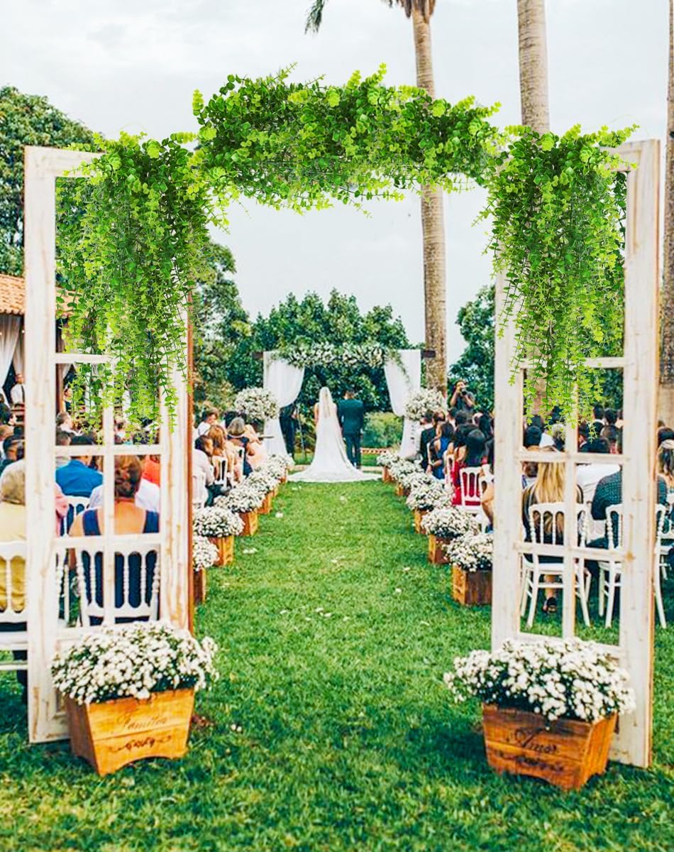 RECUTMS Artificial Hanging Plants Fake Hanging Plant Faux Eucalyptus Leaf Greenery Vine Outdoor UV Resistant Plastic Plants Home Garden Wedding Party Indoor Outdoor Decorations(White)