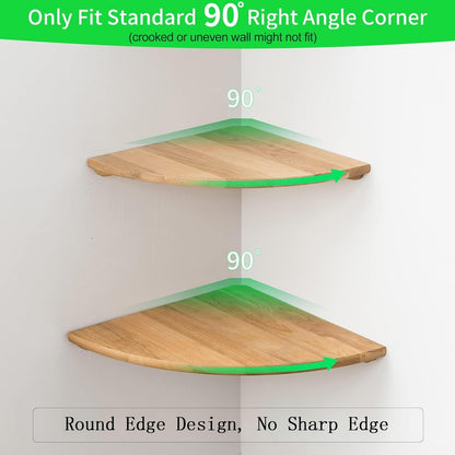 Corner Shelves, Floating Corner Shelf, Set of 2 7inch Solid Oak Wood Wall Shelves, Round End Wall Mount with Wire Hole Shelving for Small Plant for Bedroom Kitchen, Living Room