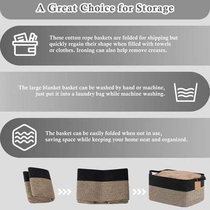 Goodpick Woven Storage Basket, Cotton Rope Basket for Dog Toys, Books, Stylish Gift Basket with Handles, 13 x 10 x 9 Inches Square Baskets for Organizing, Brown and White