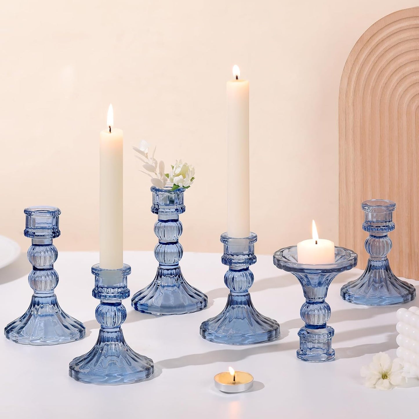 DARJEN 6Pcs Gold Candlestick Holders Set - 4" H & 5" H Striped Taper Candle Holders Bulk, Glass Candle Holders for Wedding, Festival, Party, Table Centerpiece, Gifts