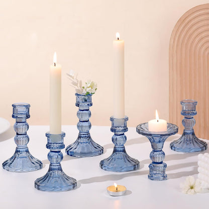 DARJEN 6Pcs Gold Candlestick Holders Set - 4" H & 5" H Striped Taper Candle Holders Bulk, Glass Candle Holders for Wedding, Festival, Party, Table Centerpiece, Gifts