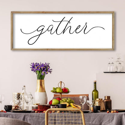 FZMHASLWW Gather Sign Wall Decor 32"×12" Large Wooden Framed for Dining Room Simple Home Kitchen Hanging Art (Wood)
