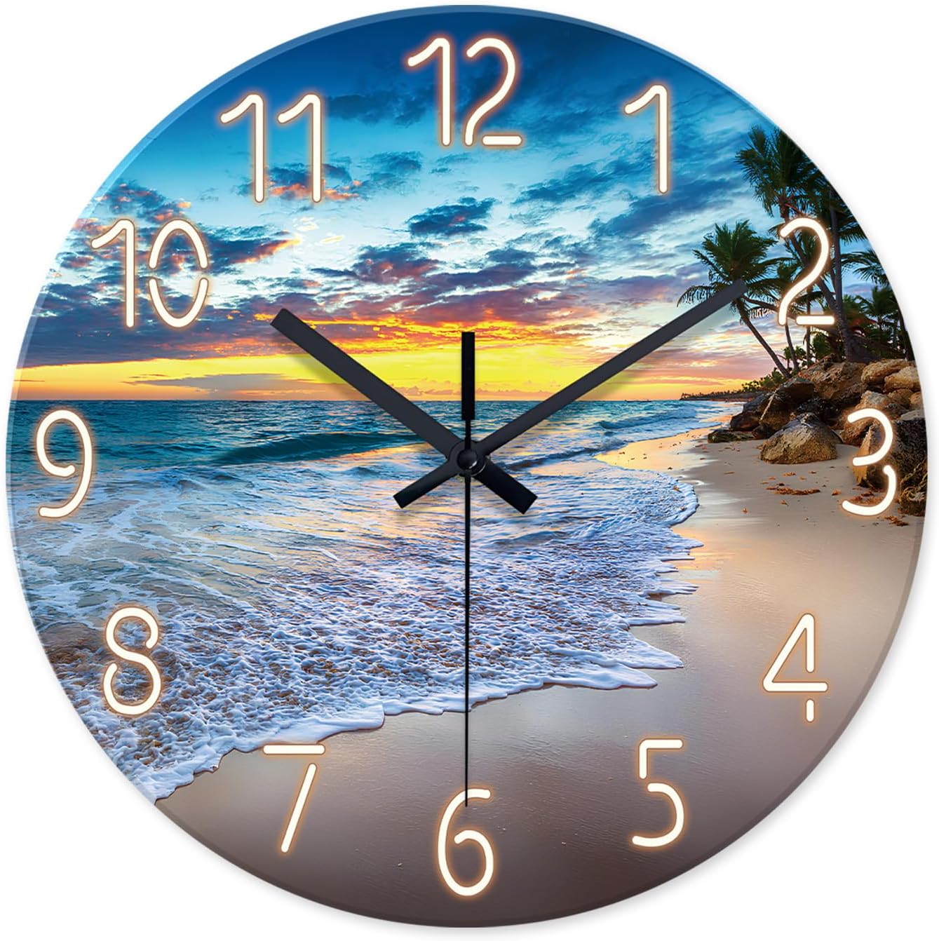 Beach Wall Clock Battery Operated 12 Inch Glass Wall Clock Non Ticking Analog Blue Wall Clocks for Bedroom Living Room Office Decor