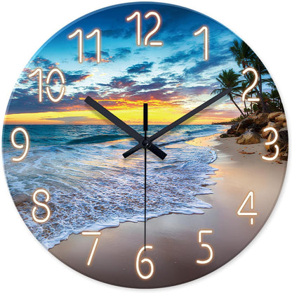 Beach Wall Clock Battery Operated 12 Inch Glass Wall Clock Non Ticking Analog Blue Wall Clocks for Bedroom Living Room Office Decor