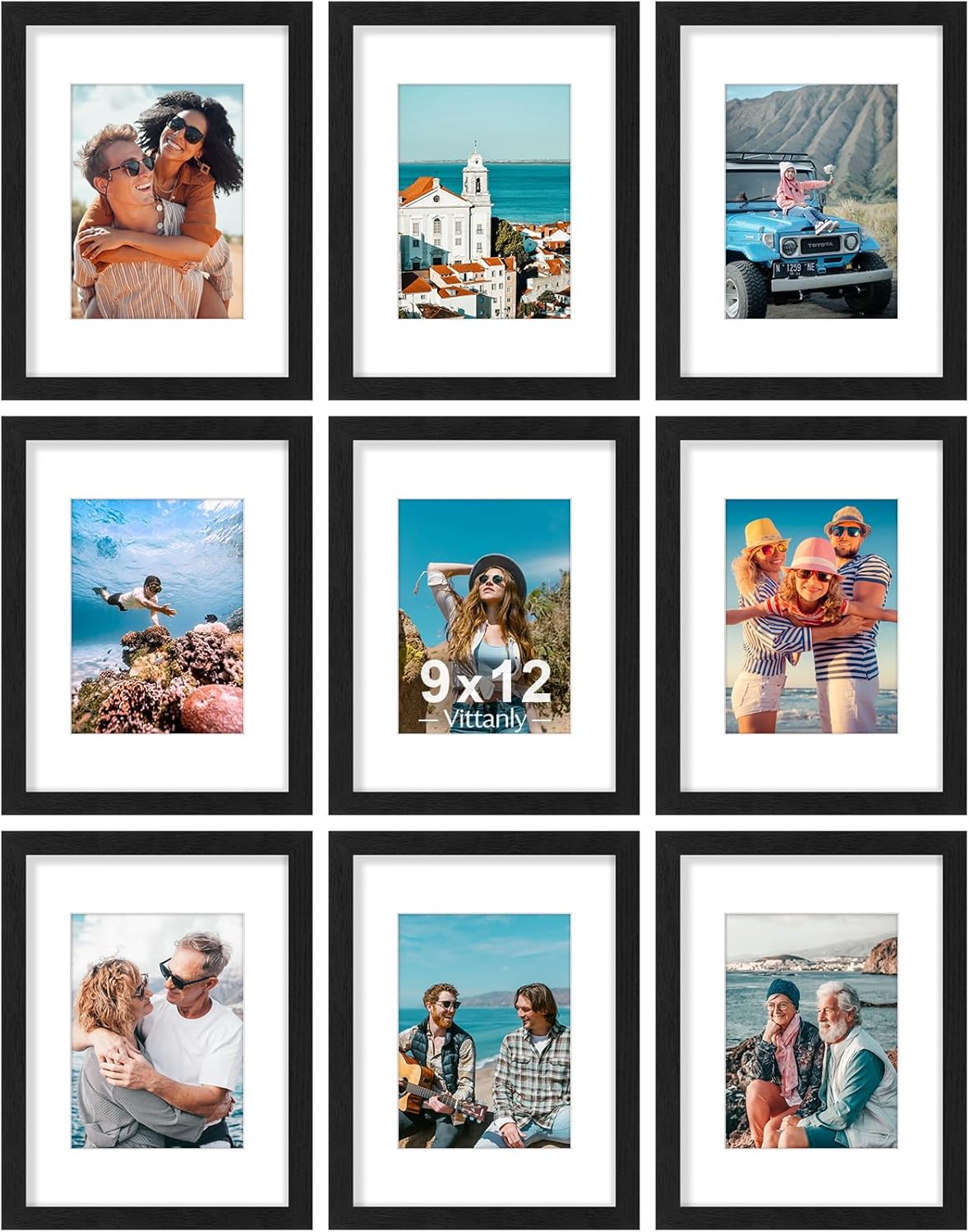 Vittanly 8x10 Picture Frames Set of 9, Shatter Resistant Plexiglass, Display 5x7 Pictures with Mat or 8x10 without Mat, Photo Frames for Wall or Tabletop, Engineered Wood, Black - Colors A