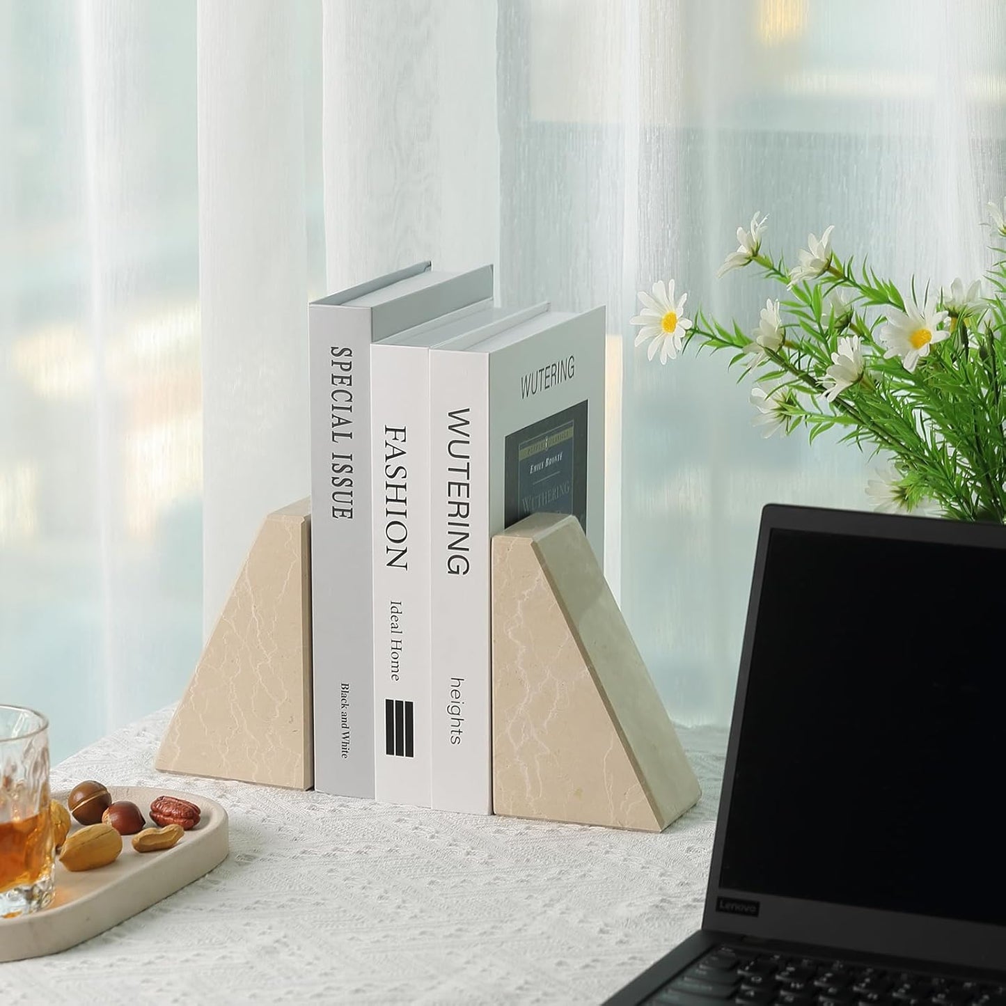 Karibiber Travertine Bookends for Heavy Books, Marble Decorative Bookends for Shelves, Heavy-Duty Stone Book Ends for Hardback Book & Cookbooks, Unique Book Stopper & Holder, Travertino Italy