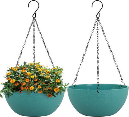 WSMKSZ 10 inch Hanging Planters for Outdoor Indoor Plants with Drainage Holes and Chain, 2 Pack Round Hanging Flower Pots for Garden Home Porch Decor, Black