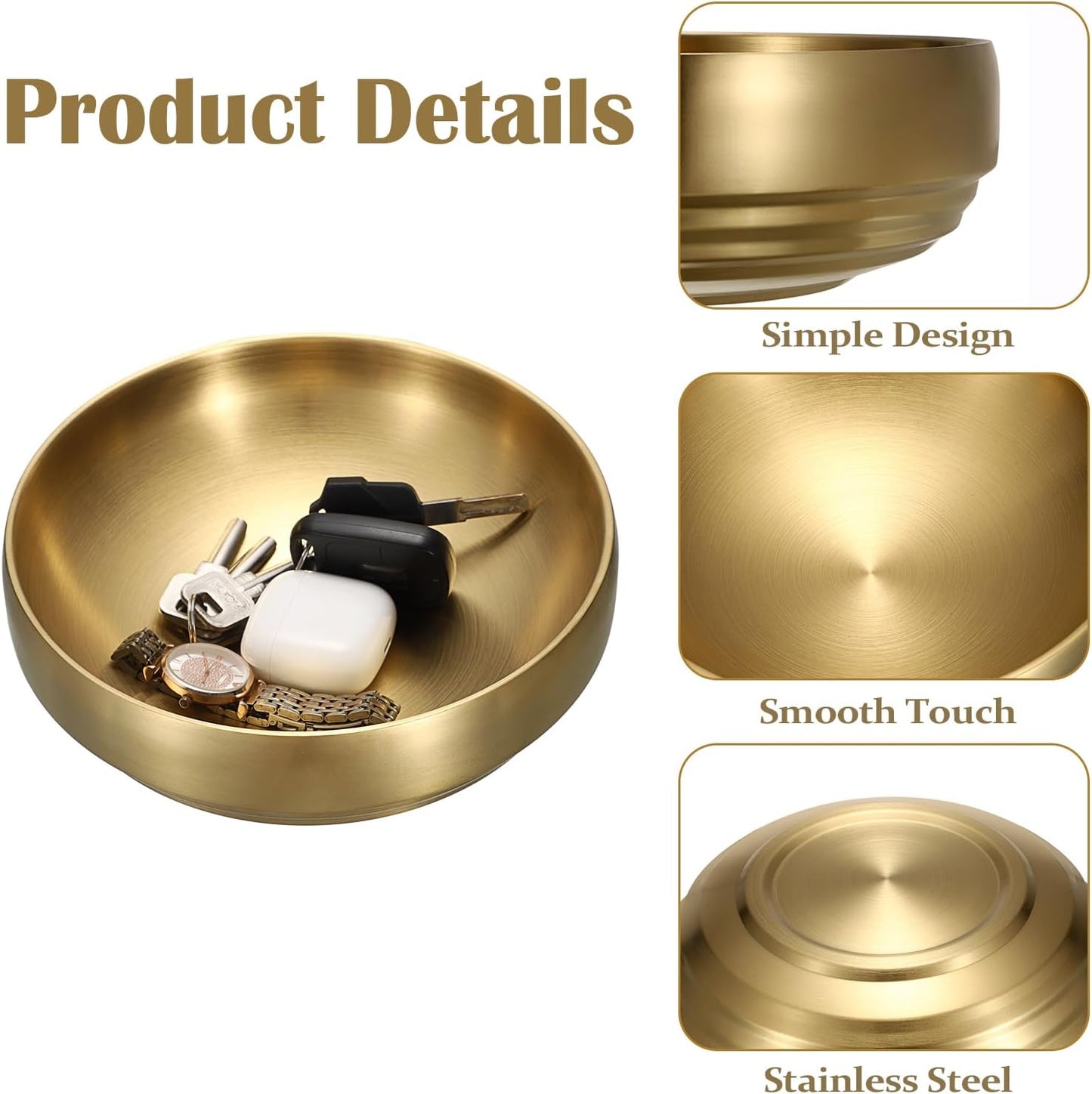 Key Bowl for Entryway Table Decorative Key Dish for Organizing Tabletop Catch All Bowl Gold Fruit Bowls for Kitchen Counter, Coffee Table,7.4 Inches