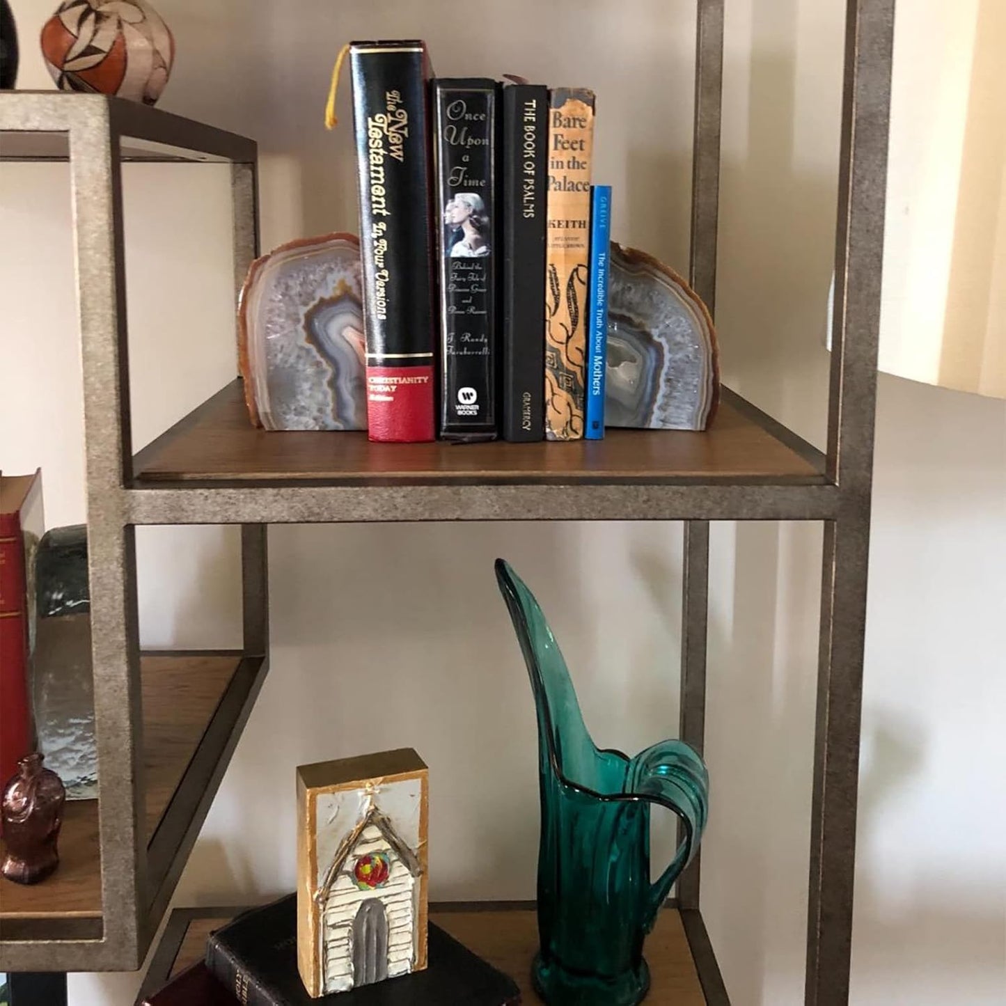 JIC Gem Dyed Blue Agate Bookends Geode Decorative Book Ends for Heavy Books with Rubber Bumpers for Office and Home Decoration Polished Small Size 2 to 3 Lbs