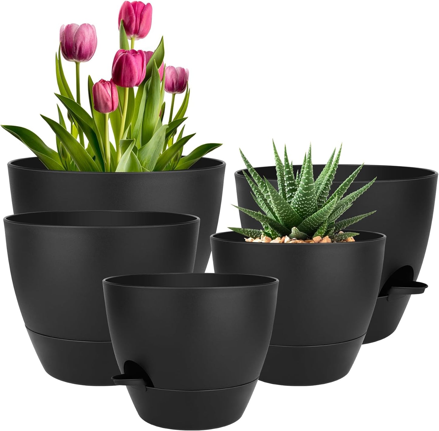 QRRICA Plant Pots 10/9/8/7.5/7 Inch Self Watering Pots, Set of 5 Plastic Planters with Drainage Holes and Saucers,Plastic Flower Pots,Nursery Planting Pot for Indoor Out Door Plants（Green）