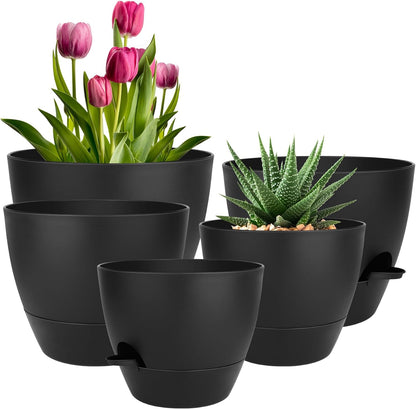 QRRICA Plant Pots 10/9/8/7.5/7 Inch Self Watering Pots, Set of 5 Plastic Planters with Drainage Holes and Saucers,Plastic Flower Pots,Nursery Planting Pot for Indoor Out Door Plants（Green）