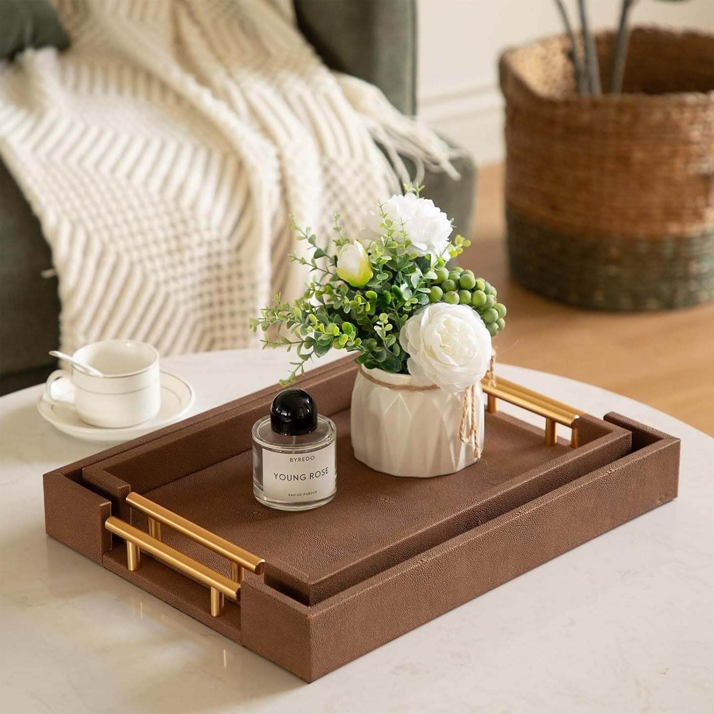 Modern Decorative Tray Set of 2 Ivory Shagreen Leather and Wood Serving Tray with Gold Polished Metal Handles for Ottoman, Coffee Table, Bathroom and More
