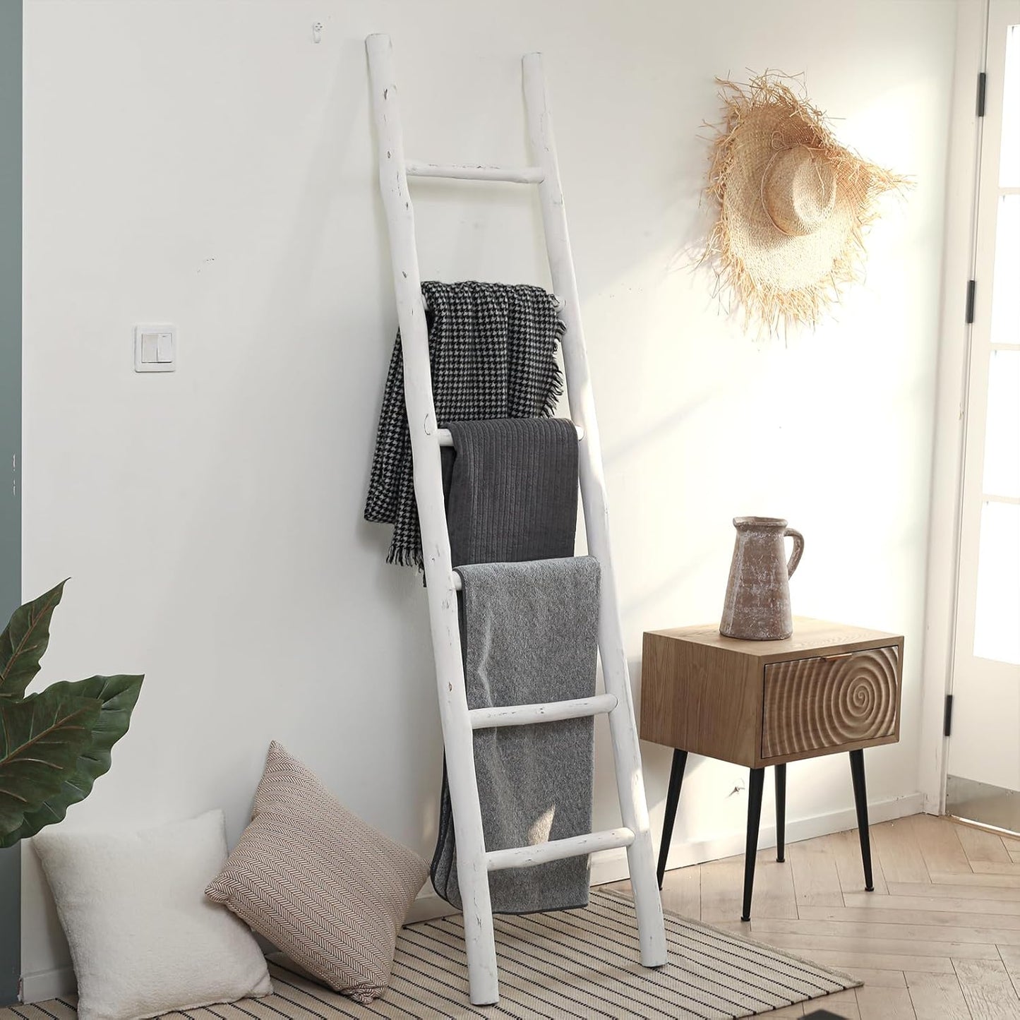 FUIN 57in Wood Blanket Ladder Living Room Decorative Wall Leaning Farmhouse Quilt Display Holder Rustic Wooden Towel Rack for Bathroom, Brown