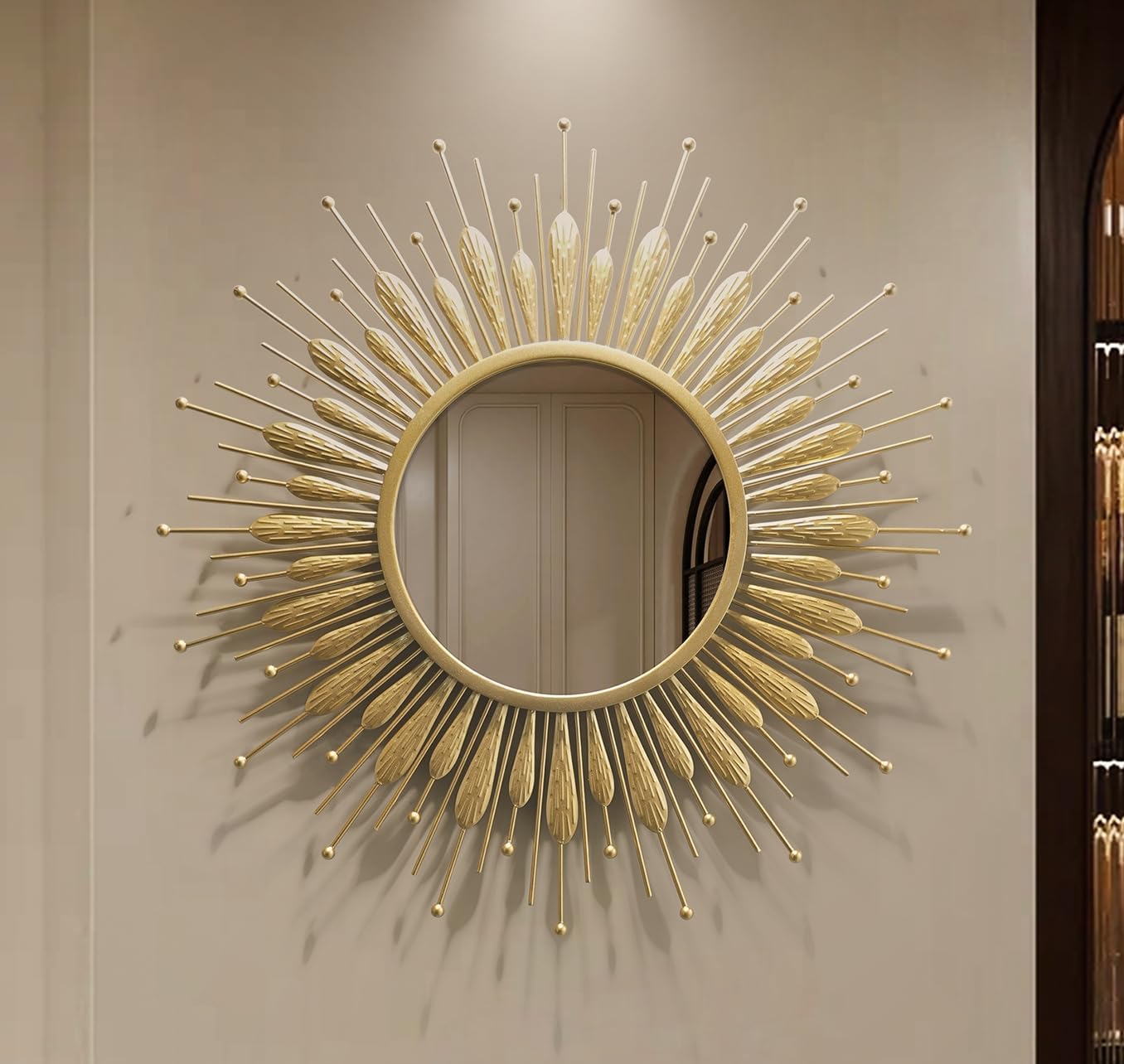 24" Gold Sunburst Decorative Wall Mirror – Handmade Flower Design, Luxury Round Accent Mirror Boho Wall Decor for Bedroom,Entryway, Dining Room & Kitchen