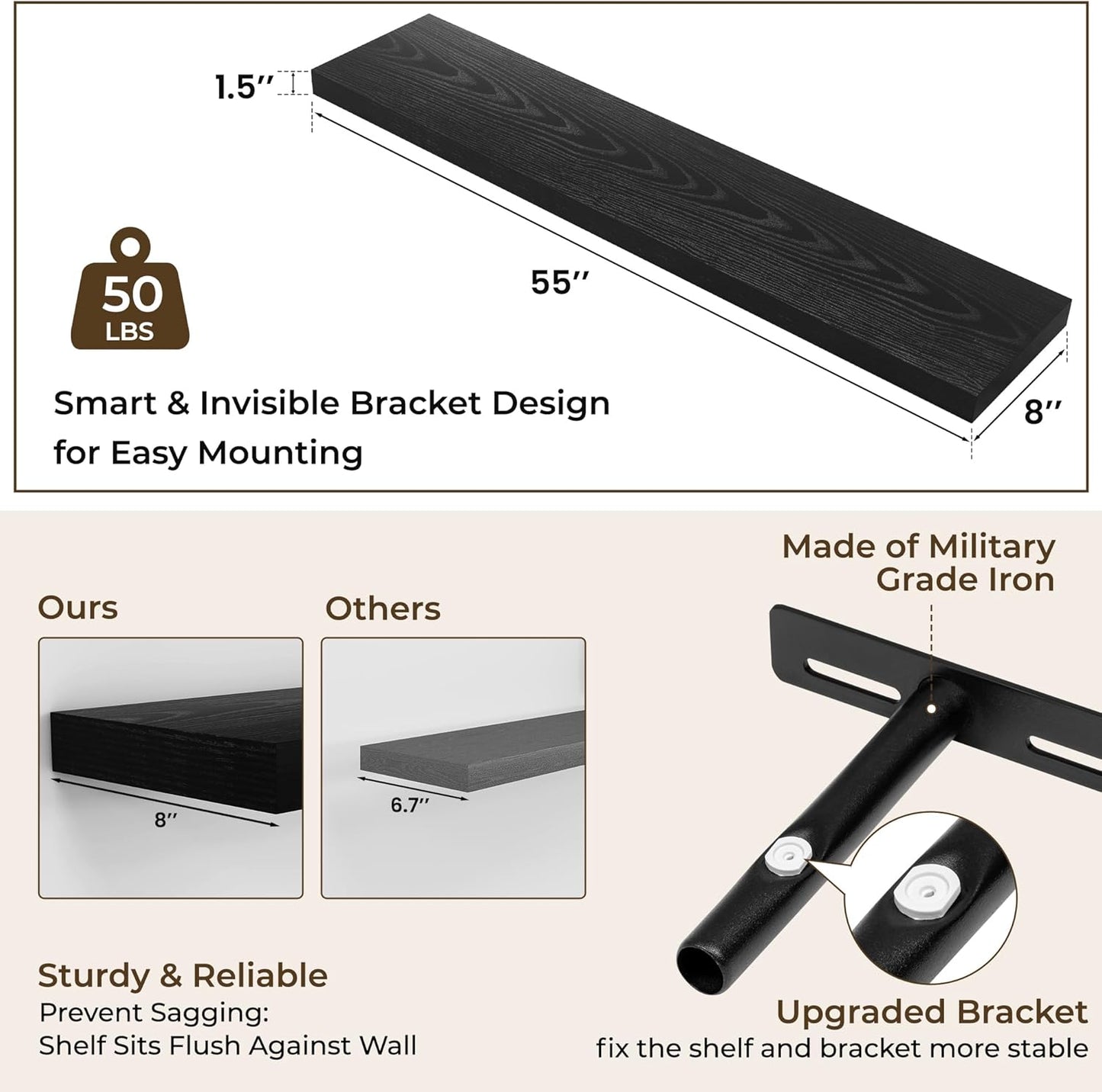RICHFOCUS 72Inch Floating Shelves for Wall 2 Pack Shelves for Bedroom|Kitchen|Bathroom Wall Mounted Rustic Wood Floating Shelf with Invisible Brackets for Books|Storage|Decor, Rustic Brown