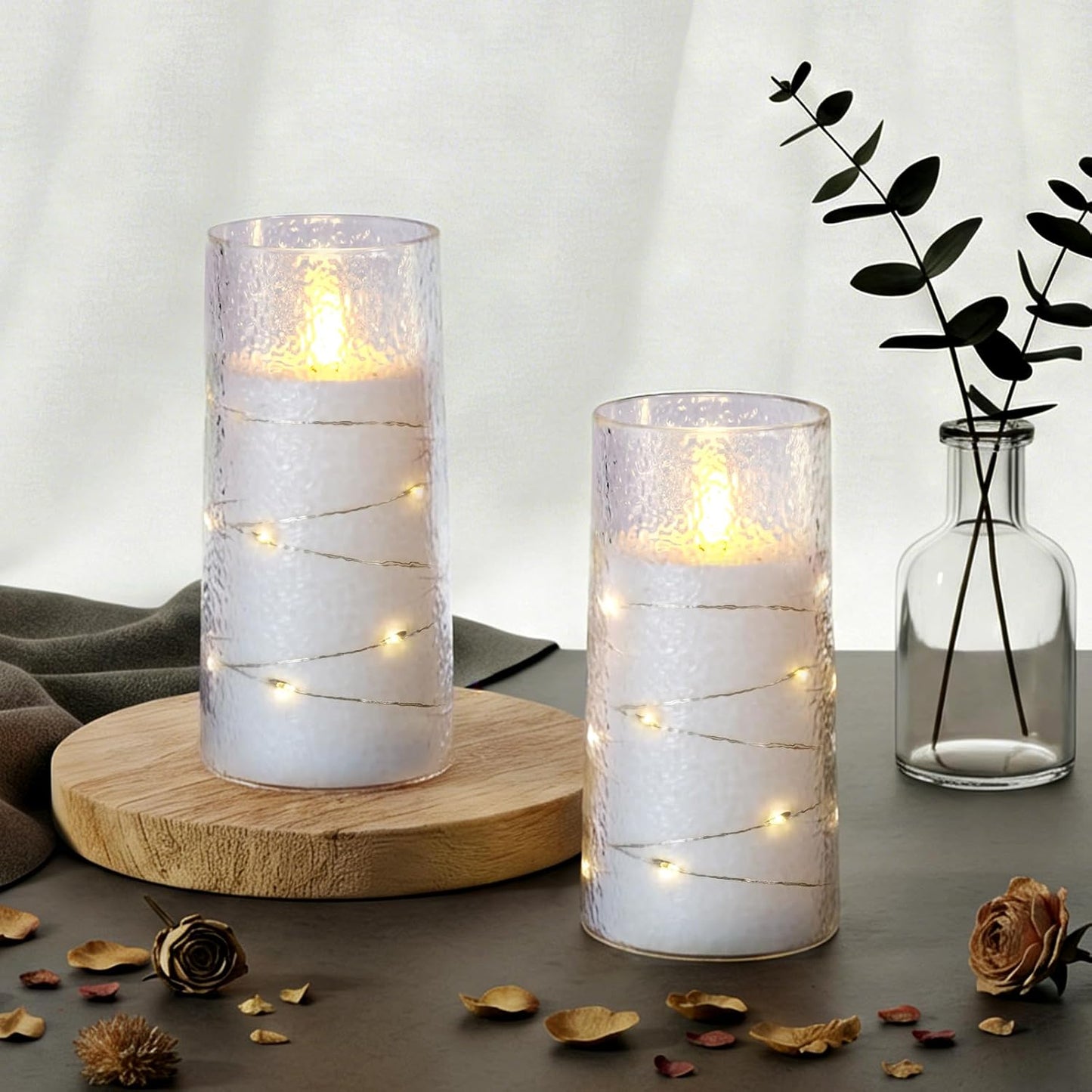 Homemory Flameless Candles with Embedded Star String Fairy Lights, Battery Operated Candles, LED Candle, Fake Candles with Remote Control and Timer for Halloween, Gray Acrylic, Set of 5(H4"5"6"8"8")
