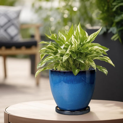 10 Inch Ceramic Planter Pot Round Plant Pot for Indoor Plants Outdoor Large Flower Pot with Drainage Hole and Saucer Blue