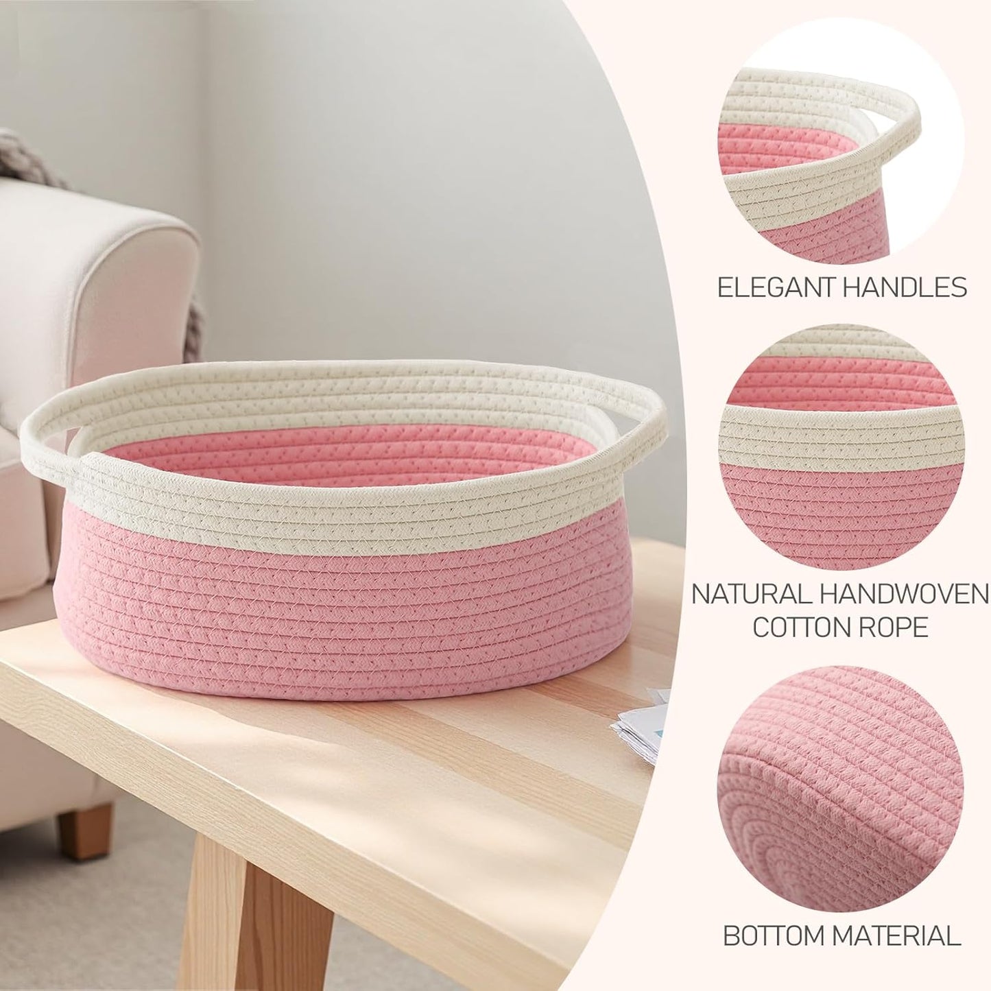 JMvicyroam Woven Basket,Small Rope Storage Bin with Handles & Ribbon Bag, Organizer for Shelves Closets,Gift Basket Empty for Birthday,Books,Dog Toys,White