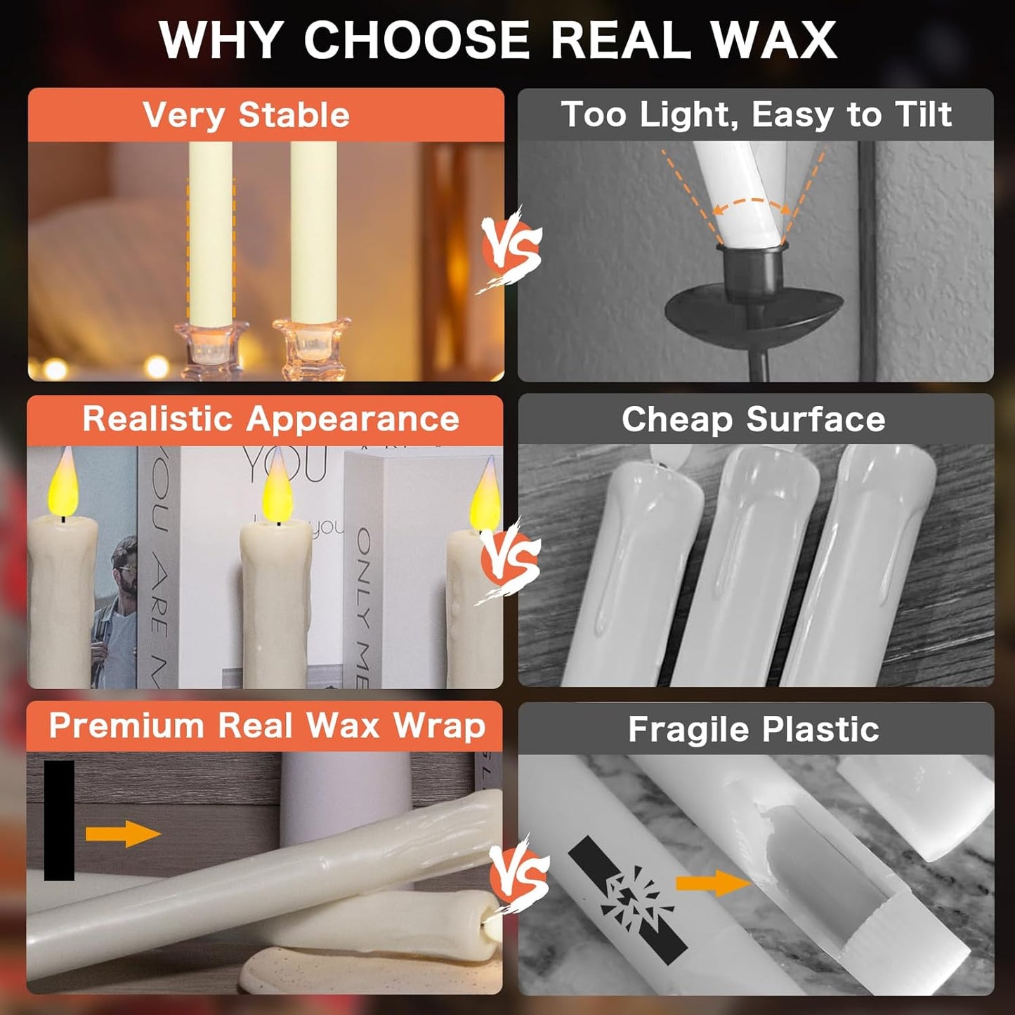 KSWING Upgraded Real Wax Short LED Flameless Taper Candles with Remote, 6 PCS White Candlesticks Battery Operated 3D Flickering - 6" Realistic Fake Candle Sticks for Home/Wedding/Fireplace Xmas Decor
