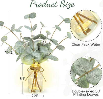 Bessol Artificial Eucalyptus Stems in Glass Vase with Faux Water, 13.5" Fake Plants for Home Decor, Coffee Table Centerpieces, Office, Bathroom & Farmhouse Weddings - Faux Greenery Plants Decorations