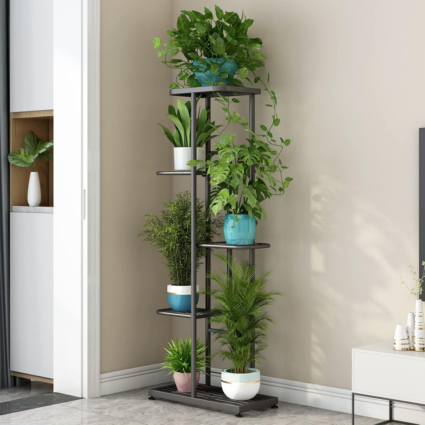 LINZINAR Plant Stand Indoor Outdoor Corner 4 Tier Metal Plant Shelf Patio Plant Rack for Garden Corner Balcony Living Room
