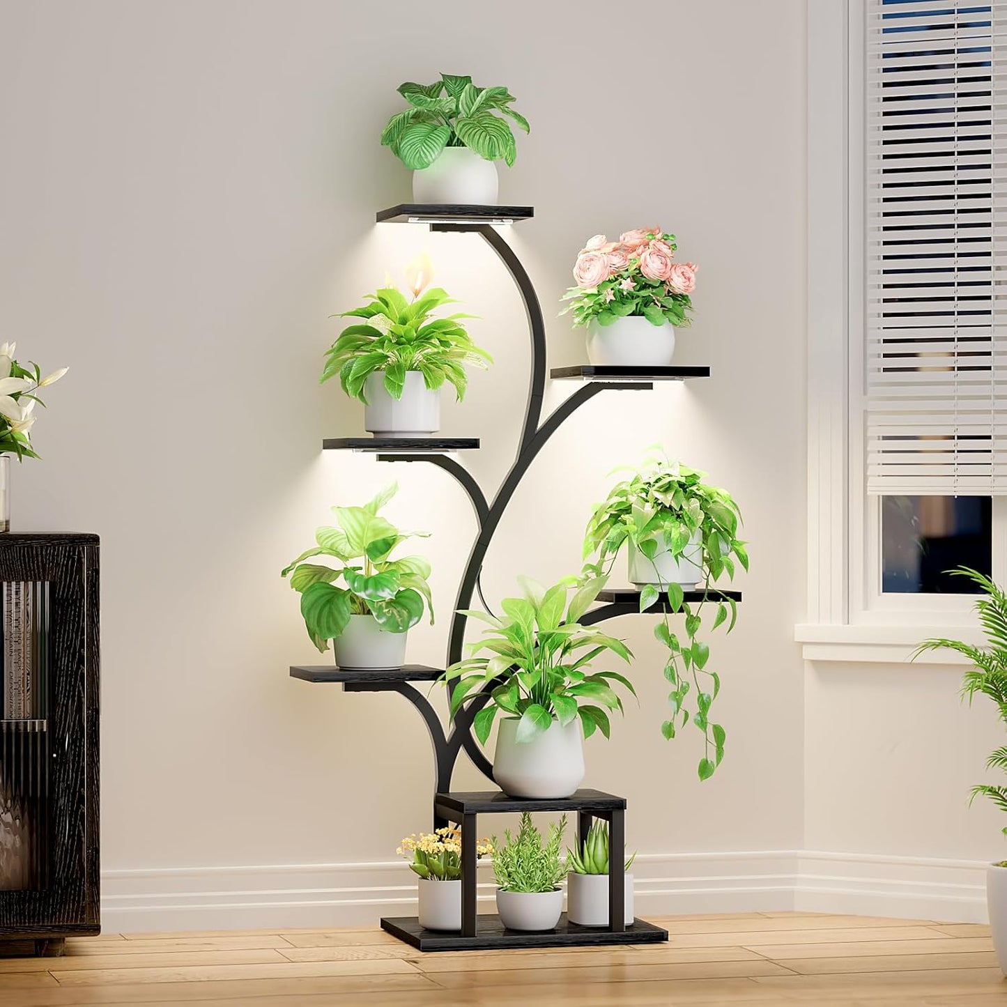 BACEKOLL Plant Stand Indoor with Grow Lights, 7 Tiered Indoor Plant Shelf, 49" Corner Plant Stands for Indoor Plants, Metal Plant Flower Display Shelf, Tree-Shaped Plant Rack for Home, Patio, Brown