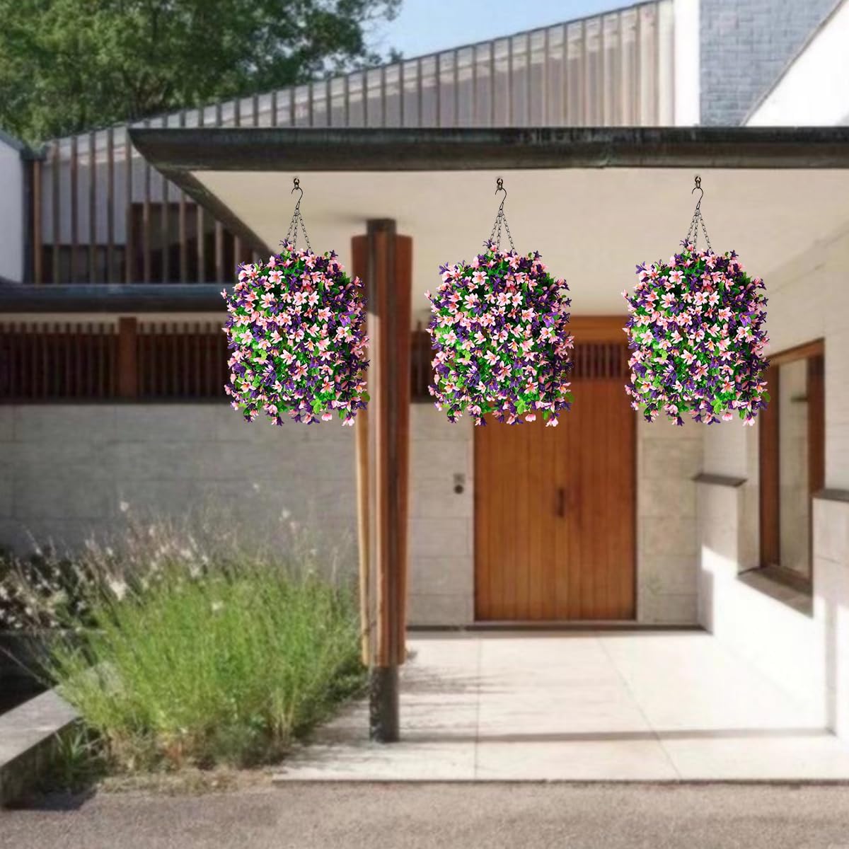 INQCMY Artificial Fake Hanging Plants Flowers Basket for Spring Summer Outdoor Outside Porch Decoration,UV Resistant Faux Silk Violet in Planter for Home Patio Balcony Garden Yard Decor(Red)