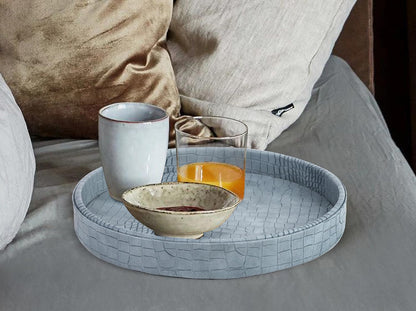 HofferRuffer Round Serving Tray 20'', Elegant Faux Leather Circle Ottoman Table Tray, Serve Tea Coffee Breakfast in Bedroom Living Room Kitchen (Brown)