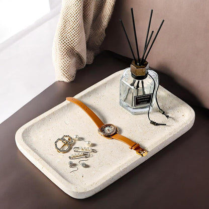 Koville Romano Travertine Tray, 12"x8" Natural Stone Vanity Tray for Countertop Bathroom Kitchen Dresser, Decorative Marble Catchall Trays for Perfume Jewelry, Rectangular Serving Tray(Beige)
