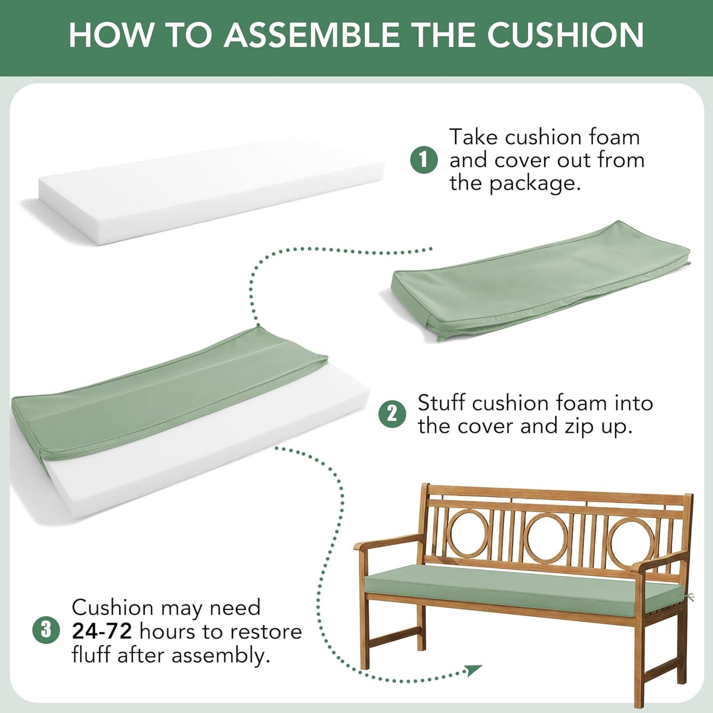 Summsun Outdoor Bench Cushion: Waterproof and Fade Resistant Patio Furniture Cushions - Non-Slip Bench Pad Cushion with Removable Cover for Garden Swing Porch Sofa Settee, 48 x 18 x 3 Inch, Black