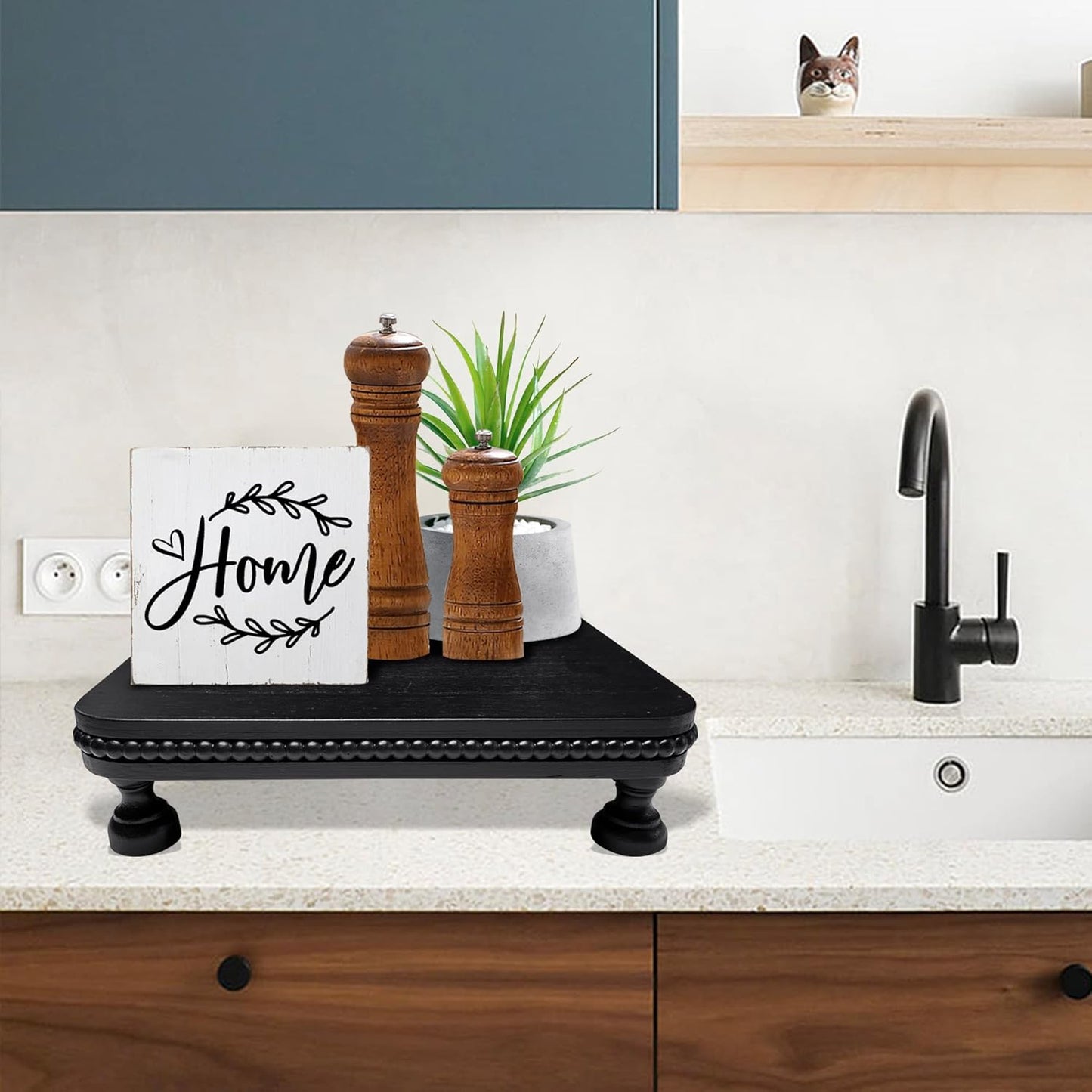 dwellington Farmhouse Display Wood Riser, 12" Decorative Black Beaded Pedestal Stand, Square Tiered Tray Decor for Kitcher Decor, Countertop