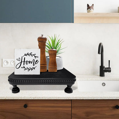 dwellington Farmhouse Display Wood Riser, 12" Decorative Black Beaded Pedestal Stand, Square Tiered Tray Decor for Kitcher Decor, Countertop