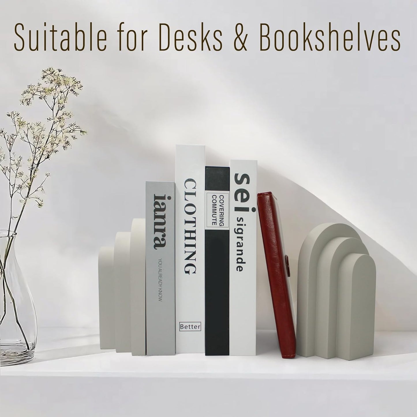LIN CHUAN Heavy Duty Bookends for Shelves, 6.6 LBS Heavy Book Ends for Heavy Books, Decorative Modern Bookends with Faux Sandstone Look, Layered Arch Book Stopper for Bookshelf Holder Set of 2, Beige