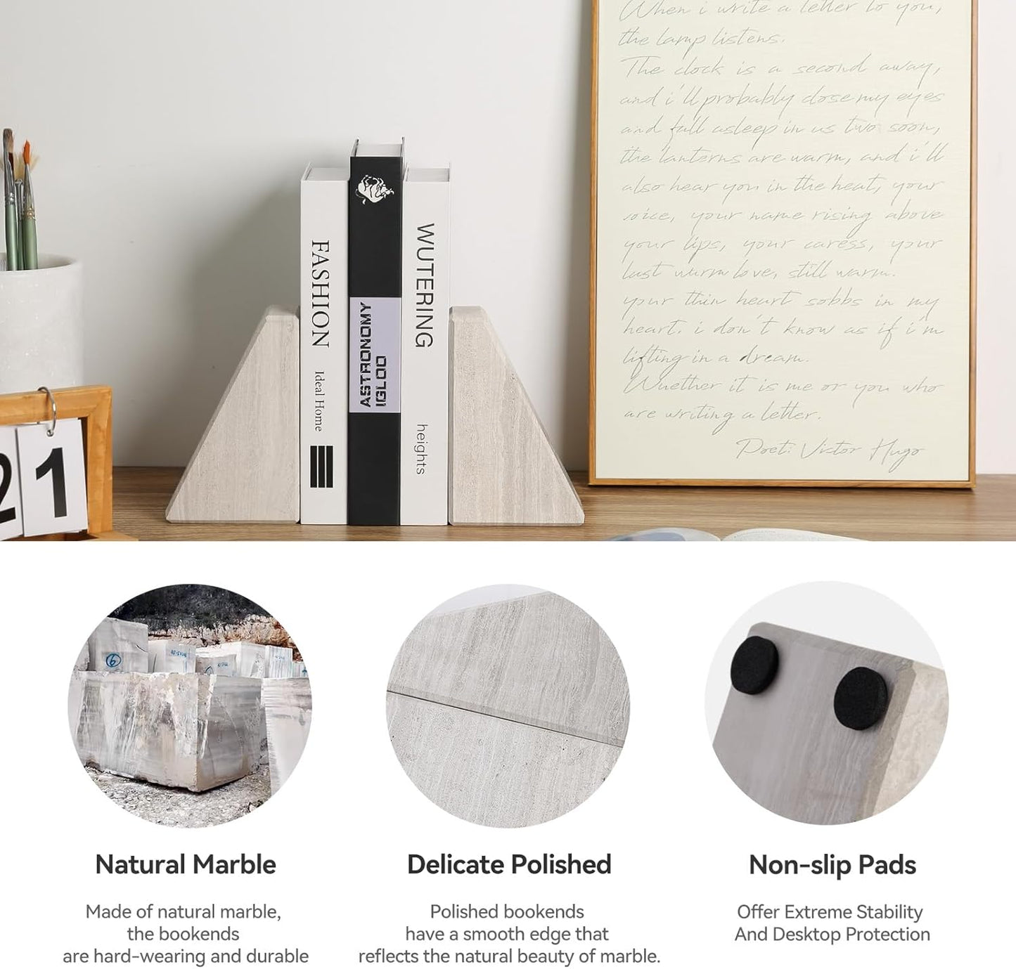 Karibiber Travertine Bookends for Heavy Books, Marble Decorative Bookends for Shelves, Heavy-Duty Stone Book Ends for Hardback Book & Cookbooks, Unique Book Stopper & Holder, Travertino Italy