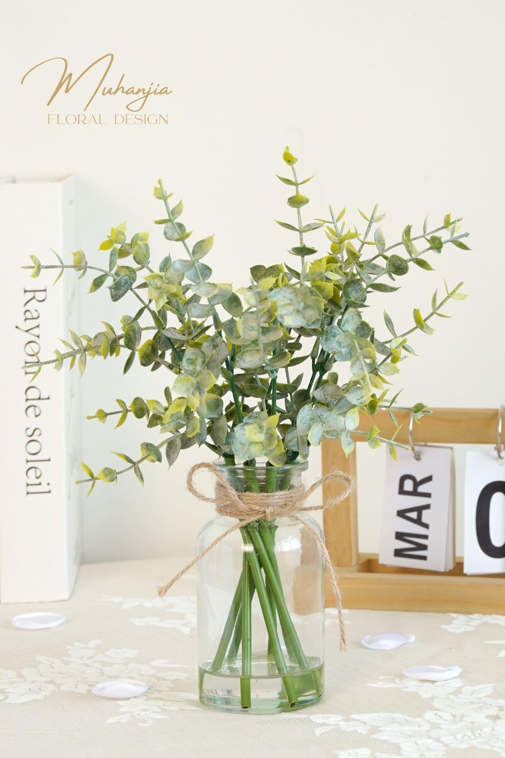 Muhanjia Artificial Eucalyptus Stems in Glass Vase with Faux Water,3Pcs Fake Plant with Double-Sided Green Leaves for Centerpiece(Double-Sided Green Eucalyptus)