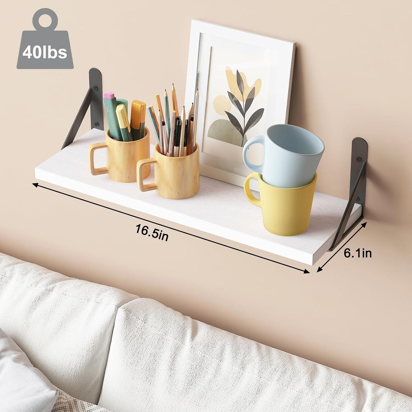 YGEOMER Brown Floating Shelves for Wall, 16.5 Inch Farmhouse Wall Shelves for Bedroom, Bathroom Storage, Living Room and Kitchen Decor (Set of 6 Brown)