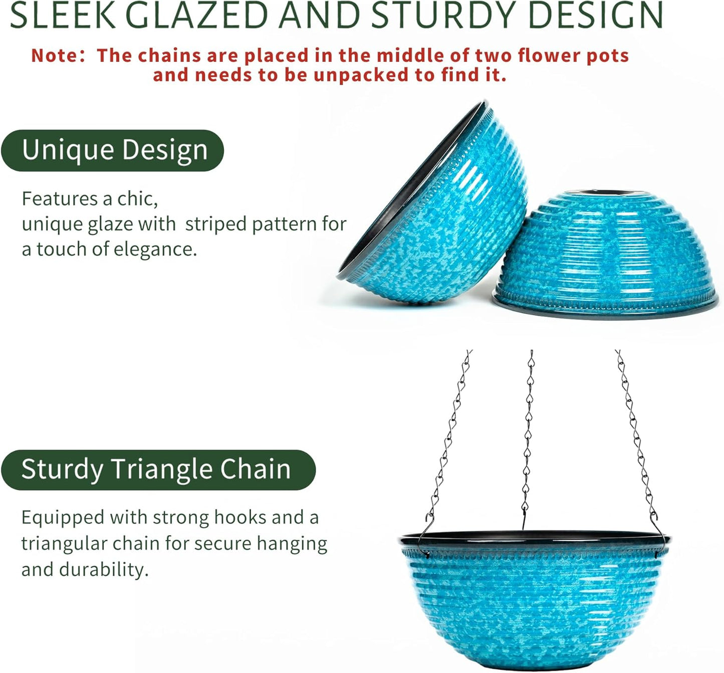 Vanslogreen 2 Pack Hanging Planters for Indoor Outdoor Plants, 10 Inch Hanging Planter with Drainage Hole & Plug Glazed Hanging Baskets Flower Pots for Garden Home (Blue)