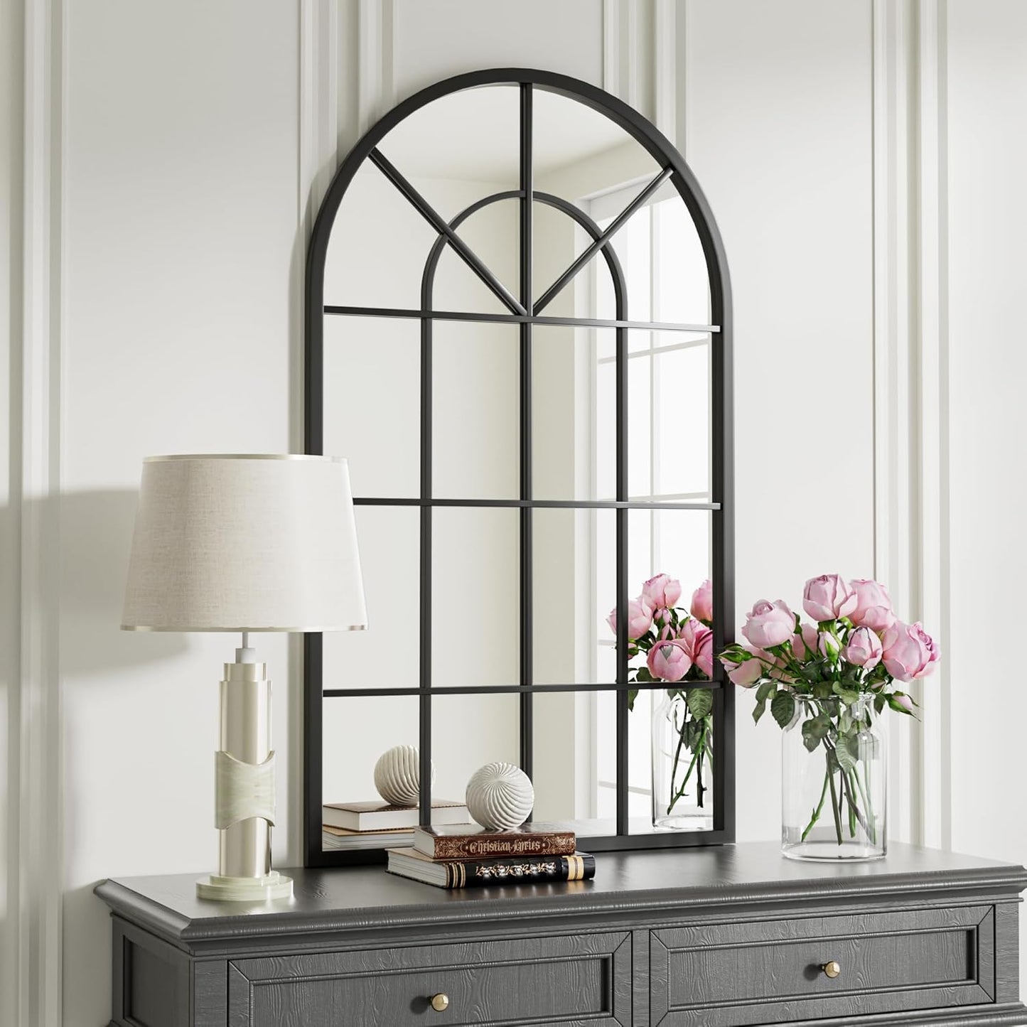 Dewfig 65"x 22" Arched Window pane Full Length Mirror, Wall Mirror, Floor Standing Mirrors, Farmhouse Long Full Body Mirrors Wall Mounted for Living Room, Bedroom, Entryway, Fireplace, Black