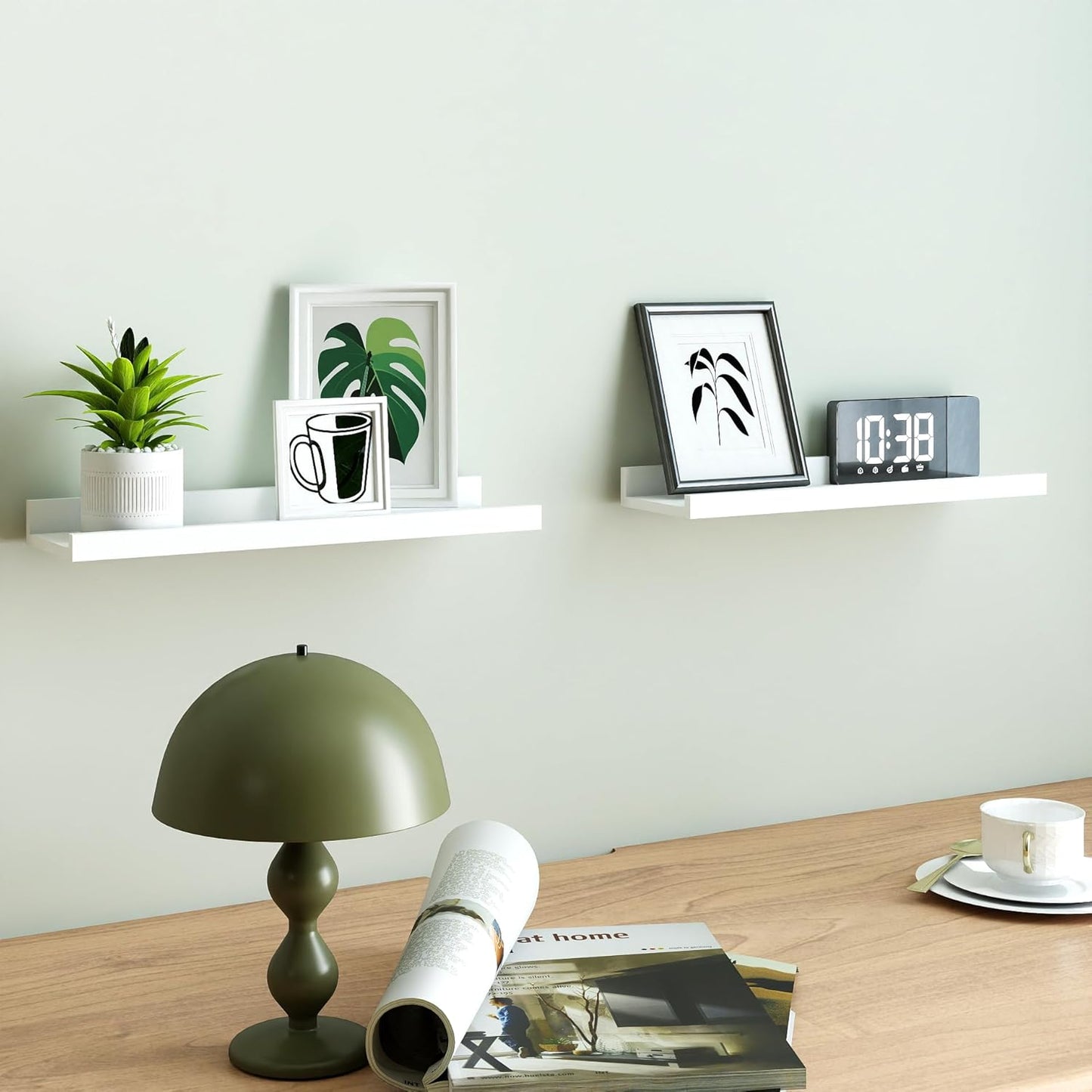 White Floating Shelves for Wall Decor, Wall Mounted Wood Storage Shelf for Bedroom, Living Room, Bathroom, Kitchen, Nursery, Display Picture Ledge Shelf with Lip Set of 2-14 Inches, White