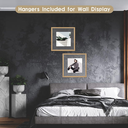 MUYE 11x14 Floating Frame Set of 2,Double Glass Rustic Frame,Display Any Size Photo up to 11x14,Wall Mount or Tabletop Standing,Natural