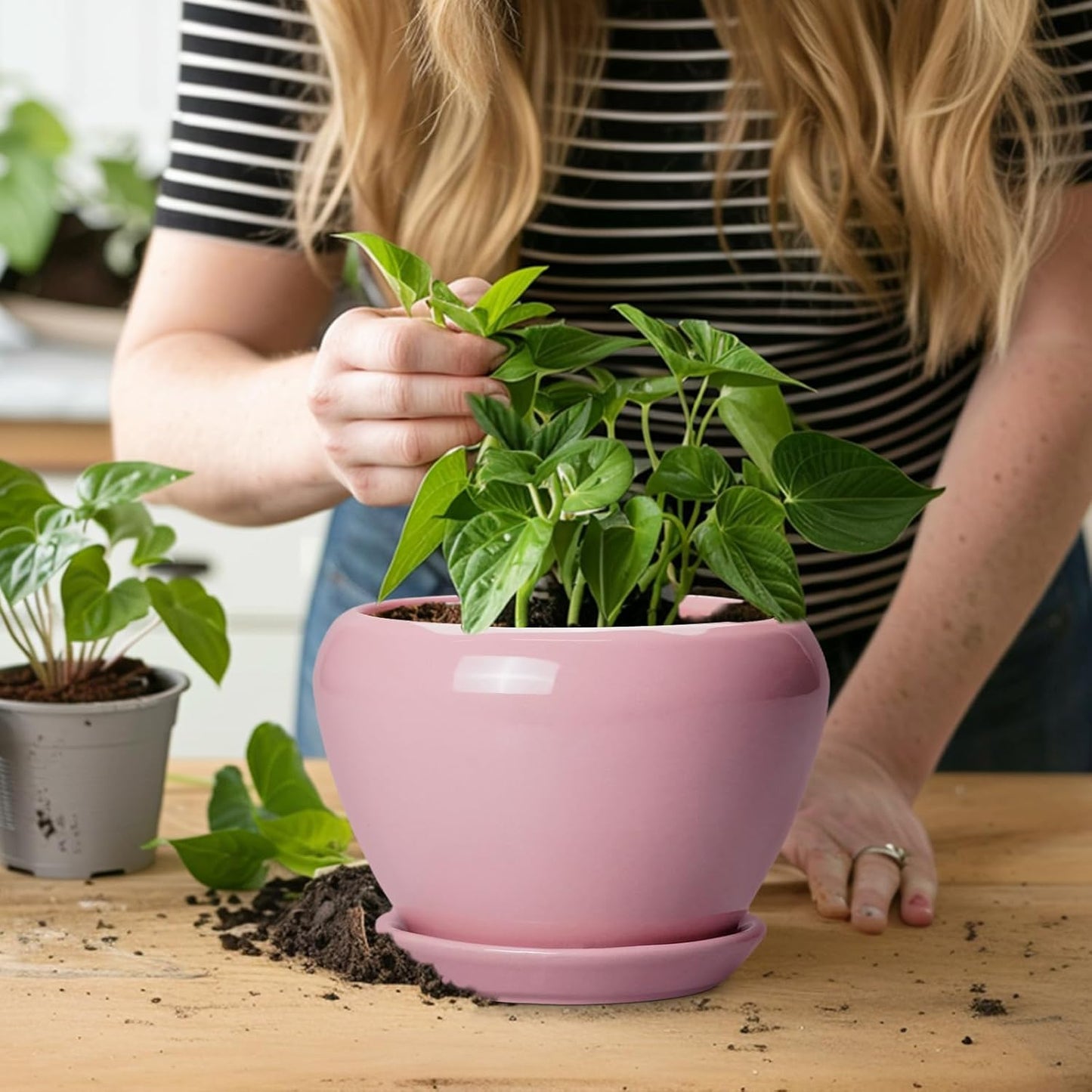 Ceramic Modern Glaze Succulent Planter Pot with Drainage Hole and Saucer 6 Inch Round Flower Plant Pot for Indoor Outdoor Herb Snake Plants