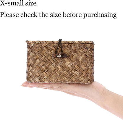 Hipiwe Seagrass Basket with Lid Wicker Storage Basket Square Handwoven Decorative Baskets Box for Shelf Multipurpose Household Baskets Home Decor,X-small