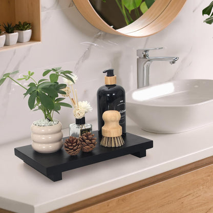 Black Bathroom Vanity Organizer Tray for Countertop Small Wooden Pedestal Stand Farmhouse Kitchen Sink Tray Decorative Hand Soap Dish Dispenser Holder Wood Risers Modern Bathroom Decor Accessories