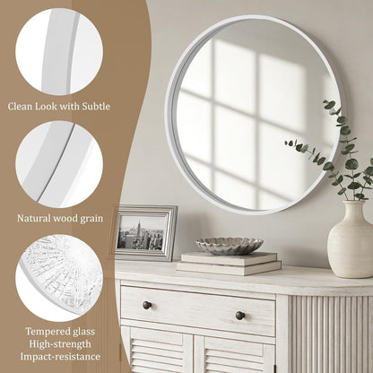 WallBeyond Wood Round Mirror with Wood Frame 24 inch Circle Wall Mirror for Bathroom Round Wall Mirror for Wall Decor, Vanity, Entryway Living Room (Walnut)