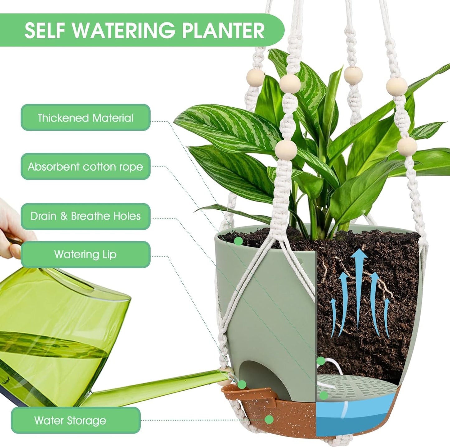 Vanslogreen Hanging Planters for Indoor Outdoor Plants, 2 Pack Self Watering Hanging Pot with Drainage Holes & Removable Tray (Black, 8'')